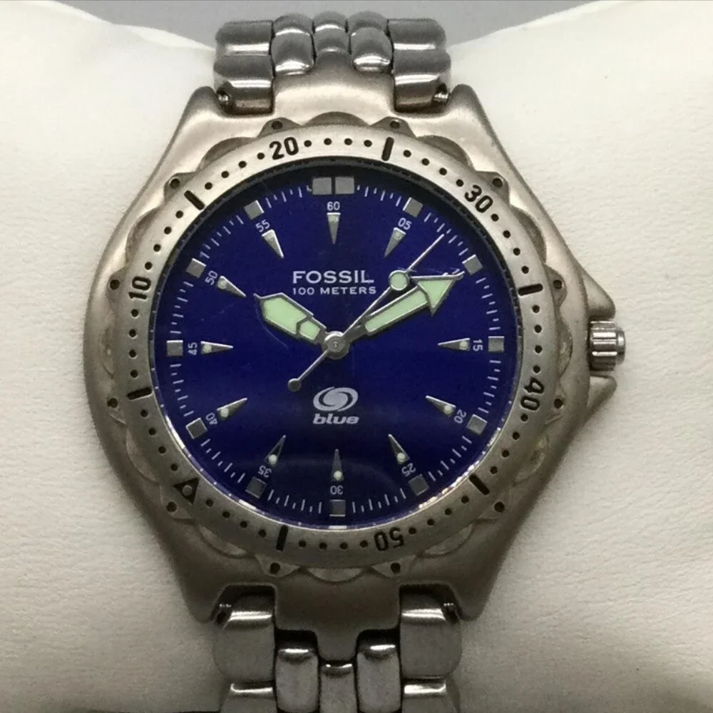 Fossil Blue AM-3067 Mens Watch 40mm Blue Dial Silver Tone New Battery 6.25
